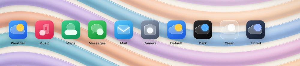 A row of generic app icons followed by one icon in default, dark, clear and tinted material variants over a procedural backdrop.