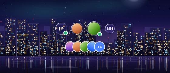 Round avatars with initials or gradient artwork, followed by an overlapping avatar stack over a procedural backdrop.