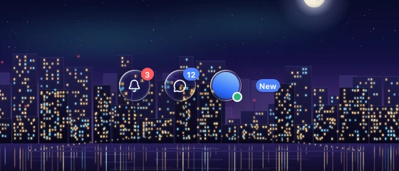 Solid count badges on two glass icon buttons, a presence dot on an avatar and a standalone label pill over a procedural backdrop.