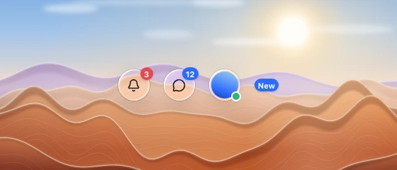 Solid count badges on two glass icon buttons, a presence dot on an avatar and a standalone label pill over a procedural backdrop.
