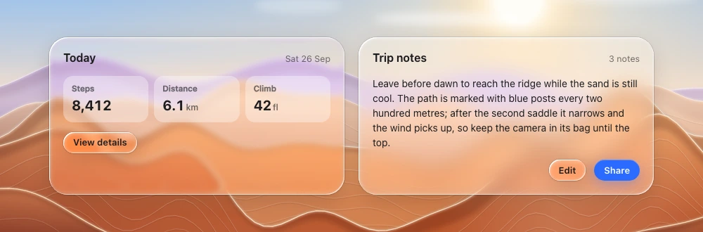 A short statistics card beside a more frosted notes card with actions over a procedural backdrop.
