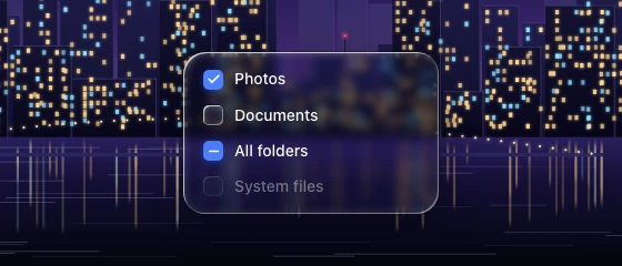 Checked, unchecked, mixed and disabled checkbox rows in a glass panel, over a zoomed night skyline and its waterline.