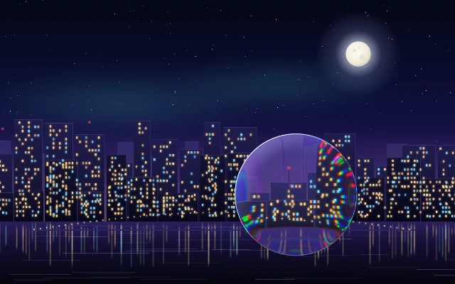 A clear circular lens over a night skyline, with red, green and blue fringes on the window lights near its rim.