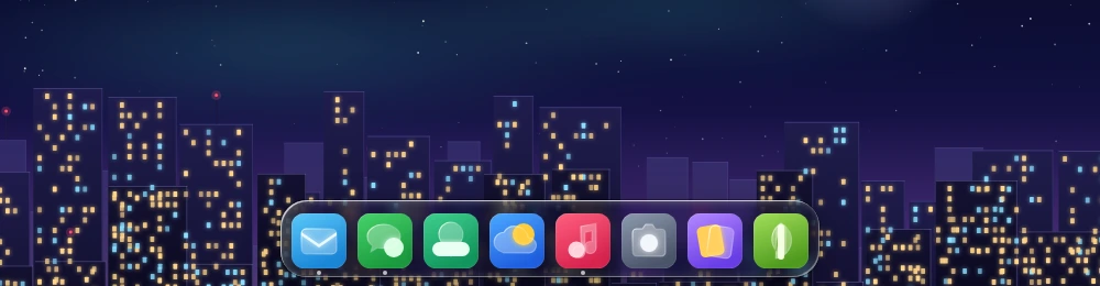 A floating glass dock carrying eight generic app icons with running dots, over a zoomed night skyline.