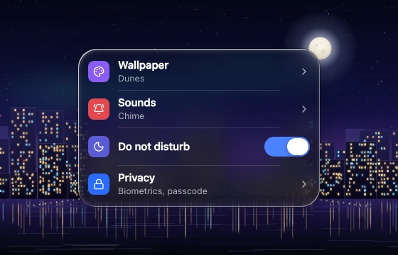 A grouped settings list with coloured icons, dividers, trailing details and a switch over a procedural backdrop.