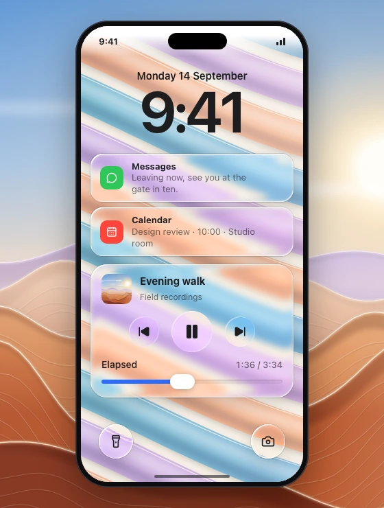 Phone lock screen over a curved-band wallpaper: large flat date and clock, two separate glass notification cards, a glass now-playing panel with flat transport buttons and a lens slider thumb, and round glass flashlight and camera buttons at the bottom corners.
