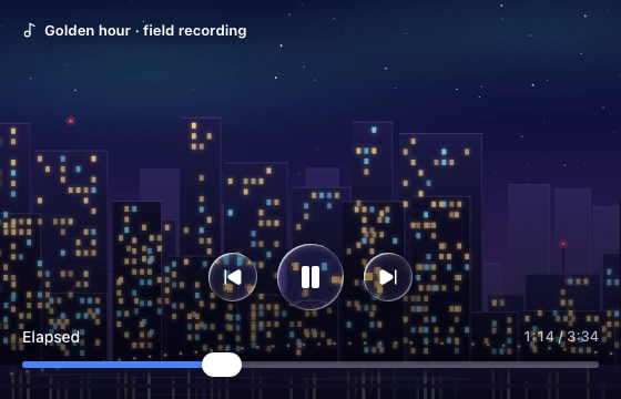 Round clear play and skip buttons above a scrubber with a white thumb, over a zoomed night skyline darkened toward the bottom by a scrim.