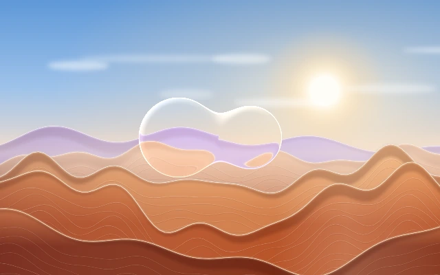 Two clear lens lobes merging into one liquid shape over dunes.