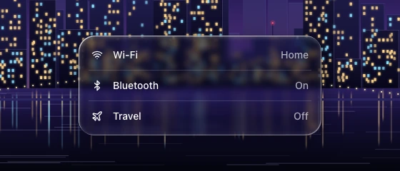 Three compact settings rows split by inset hairlines inside a glass panel, over a zoomed night skyline and its waterline.