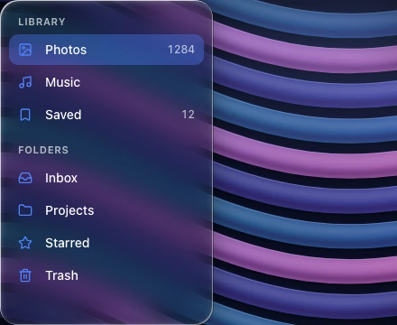 A full-height frosted library sidebar flush with the window edge, with section labels, accent icons, counts and a selected row, over a procedural backdrop.