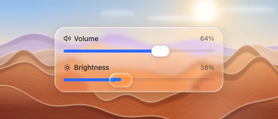 Two labelled sliders in a glass panel, with resting and held lens thumbs over a procedural backdrop.