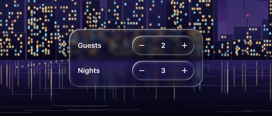 Two labelled quantity steppers in a glass panel, each a single capsule with flat minus and plus glyphs around a centred value, over a zoomed night skyline and its waterline.
