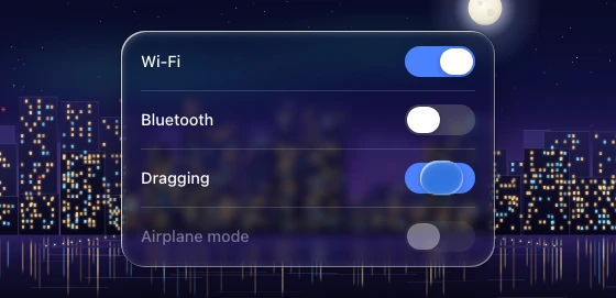 Four switch rows showing on, off, held thumb and disabled states in a glass panel over a procedural backdrop.