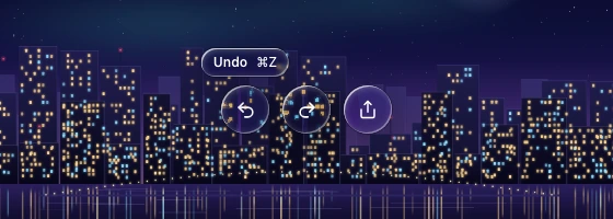 A small shortcut tooltip floating above the first of three round icon buttons, over a zoomed night skyline.